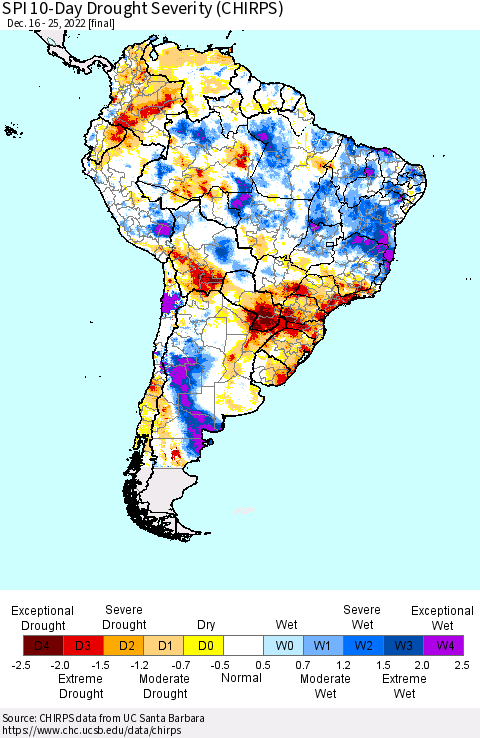 South America SPI 10-Day Drought Severity (CHIRPS) Thematic Map For 12/16/2022 - 12/25/2022