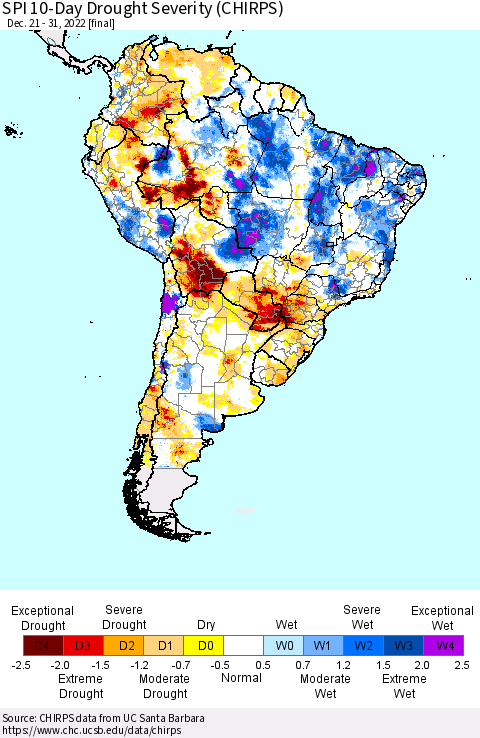South America SPI 10-Day Drought Severity (CHIRPS) Thematic Map For 12/21/2022 - 12/31/2022