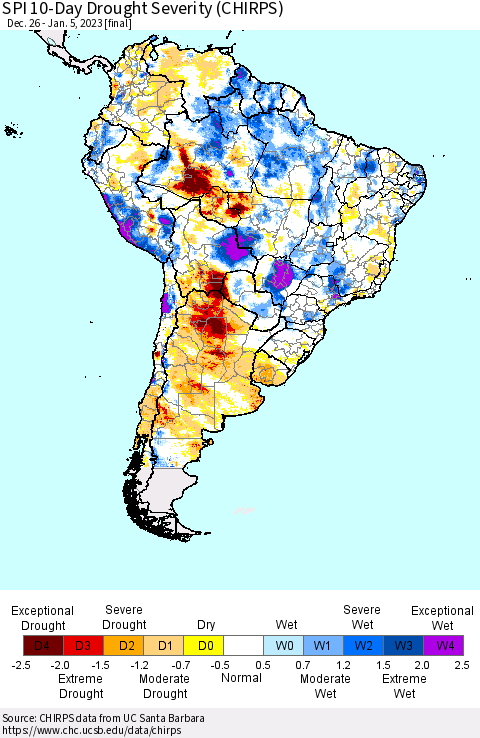 South America SPI 10-Day Drought Severity (CHIRPS) Thematic Map For 12/26/2022 - 1/5/2023
