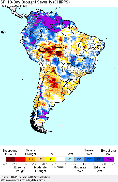 South America SPI 10-Day Drought Severity (CHIRPS) Thematic Map For 1/1/2023 - 1/10/2023