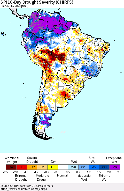 South America SPI 10-Day Drought Severity (CHIRPS) Thematic Map For 1/6/2023 - 1/15/2023