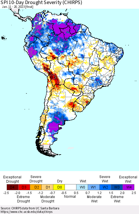 South America SPI 10-Day Drought Severity (CHIRPS) Thematic Map For 1/11/2023 - 1/20/2023