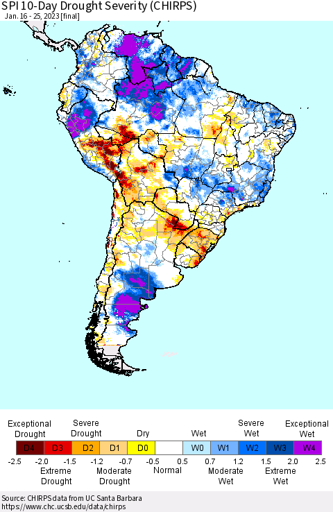 South America SPI 10-Day Drought Severity (CHIRPS) Thematic Map For 1/16/2023 - 1/25/2023