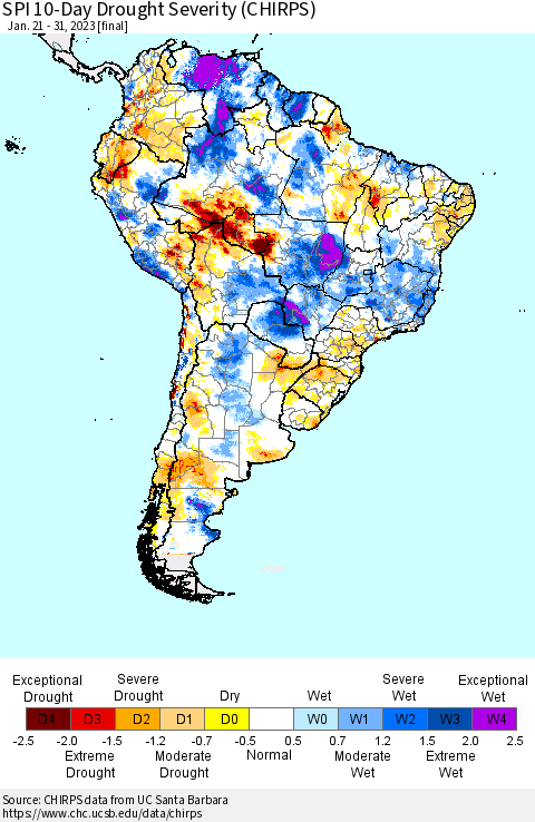 South America SPI 10-Day Drought Severity (CHIRPS) Thematic Map For 1/21/2023 - 1/31/2023