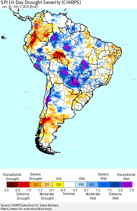 South America SPI 10-Day Drought Severity (CHIRPS) Thematic Map For 1/26/2023 - 2/5/2023