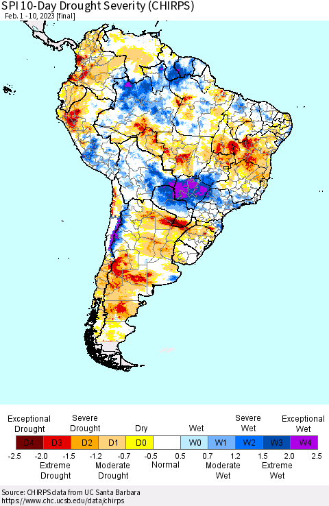 South America SPI 10-Day Drought Severity (CHIRPS) Thematic Map For 2/1/2023 - 2/10/2023