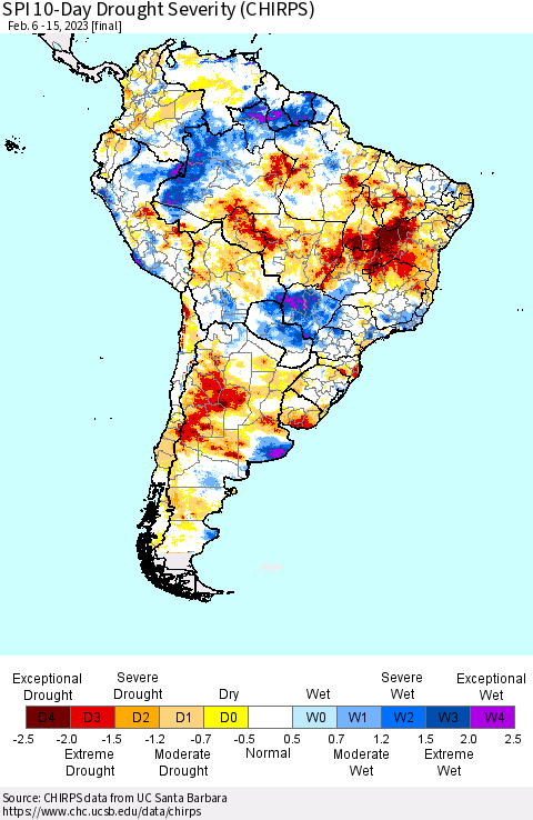 South America SPI 10-Day Drought Severity (CHIRPS) Thematic Map For 2/6/2023 - 2/15/2023