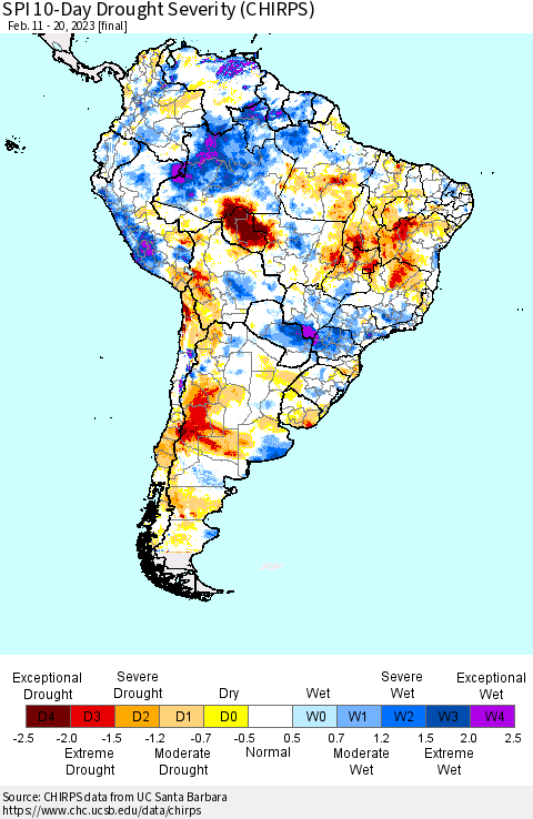 South America SPI 10-Day Drought Severity (CHIRPS) Thematic Map For 2/11/2023 - 2/20/2023