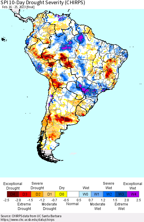 South America SPI 10-Day Drought Severity (CHIRPS) Thematic Map For 2/16/2023 - 2/25/2023