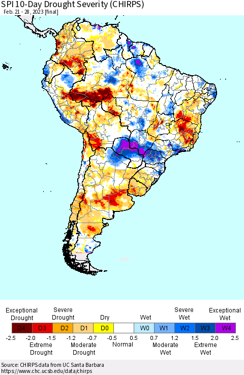 South America SPI 10-Day Drought Severity (CHIRPS) Thematic Map For 2/21/2023 - 2/28/2023