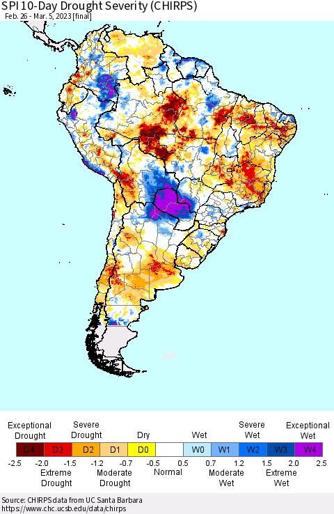 South America SPI 10-Day Drought Severity (CHIRPS) Thematic Map For 2/26/2023 - 3/5/2023