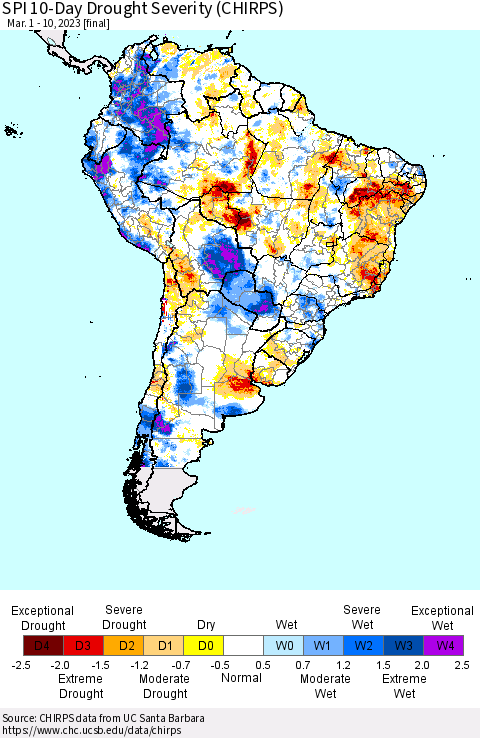 South America SPI 10-Day Drought Severity (CHIRPS) Thematic Map For 3/1/2023 - 3/10/2023