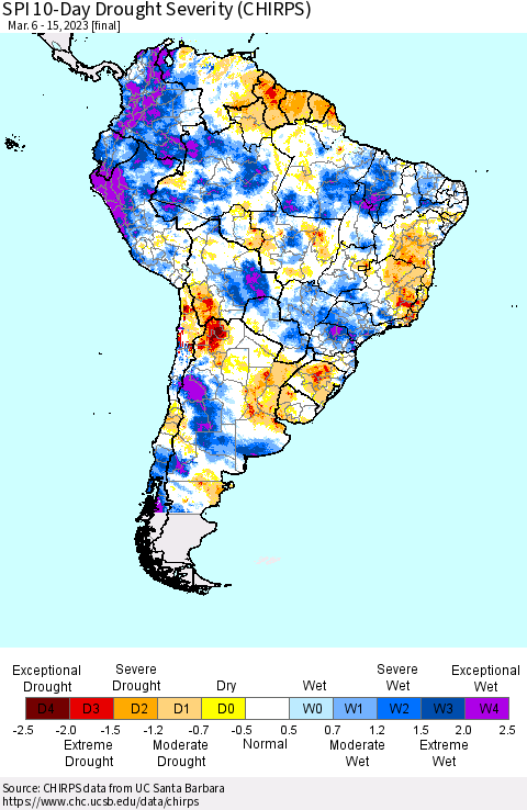 South America SPI 10-Day Drought Severity (CHIRPS) Thematic Map For 3/6/2023 - 3/15/2023