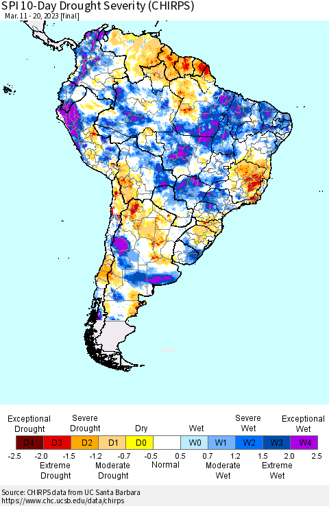 South America SPI 10-Day Drought Severity (CHIRPS) Thematic Map For 3/11/2023 - 3/20/2023