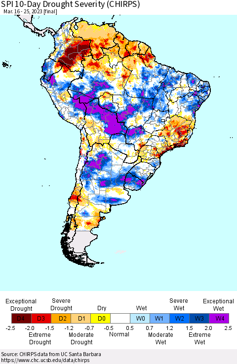 South America SPI 10-Day Drought Severity (CHIRPS) Thematic Map For 3/16/2023 - 3/25/2023