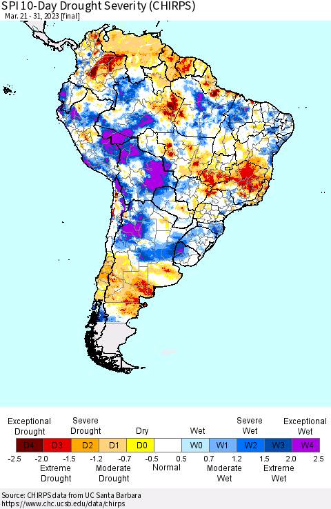 South America SPI 10-Day Drought Severity (CHIRPS) Thematic Map For 3/21/2023 - 3/31/2023