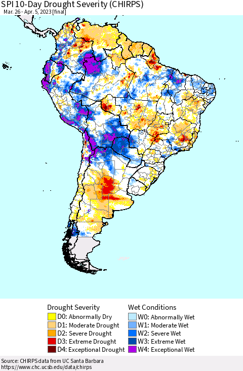 South America SPI 10-Day Drought Severity (CHIRPS) Thematic Map For 3/26/2023 - 4/5/2023