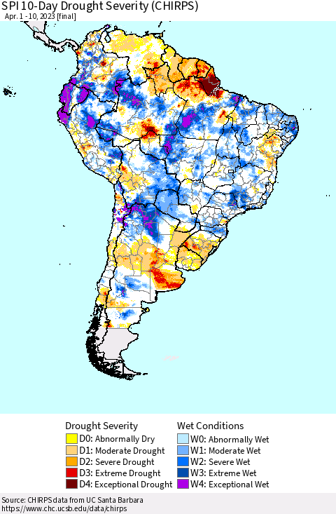South America SPI 10-Day Drought Severity (CHIRPS) Thematic Map For 4/1/2023 - 4/10/2023