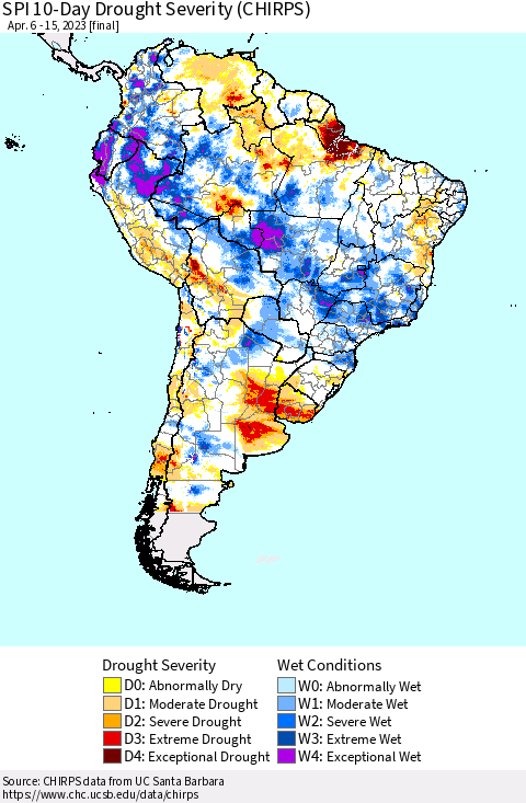 South America SPI 10-Day Drought Severity (CHIRPS) Thematic Map For 4/6/2023 - 4/15/2023