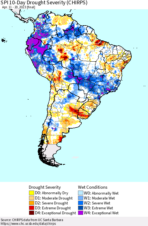South America SPI 10-Day Drought Severity (CHIRPS) Thematic Map For 4/11/2023 - 4/20/2023