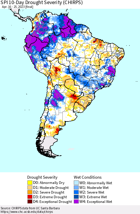South America SPI 10-Day Drought Severity (CHIRPS) Thematic Map For 4/16/2023 - 4/25/2023