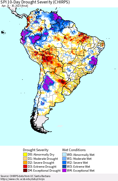 South America SPI 10-Day Drought Severity (CHIRPS) Thematic Map For 4/21/2023 - 4/30/2023