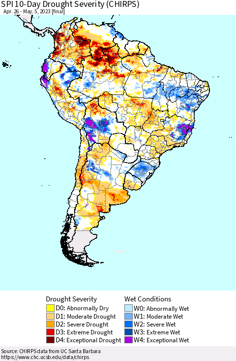 South America SPI 10-Day Drought Severity (CHIRPS) Thematic Map For 4/26/2023 - 5/5/2023