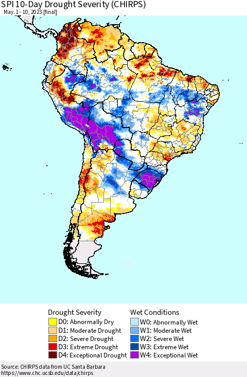 South America SPI 10-Day Drought Severity (CHIRPS) Thematic Map For 5/1/2023 - 5/10/2023
