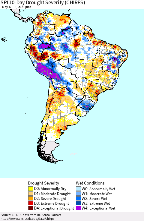South America SPI 10-Day Drought Severity (CHIRPS) Thematic Map For 5/6/2023 - 5/15/2023