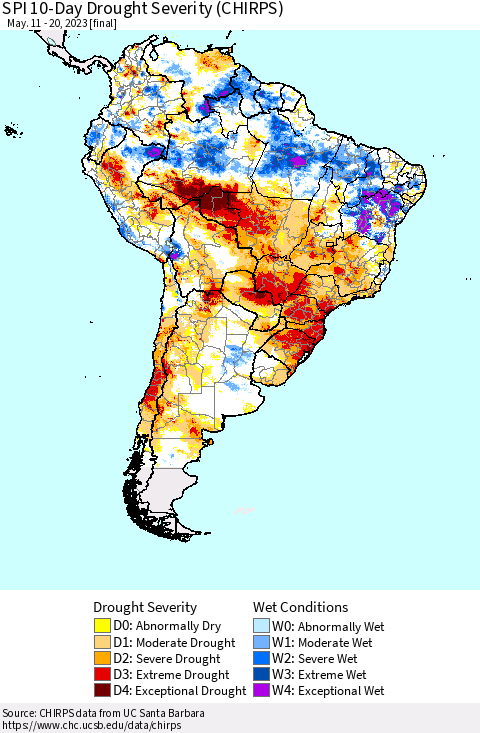 South America SPI 10-Day Drought Severity (CHIRPS) Thematic Map For 5/11/2023 - 5/20/2023