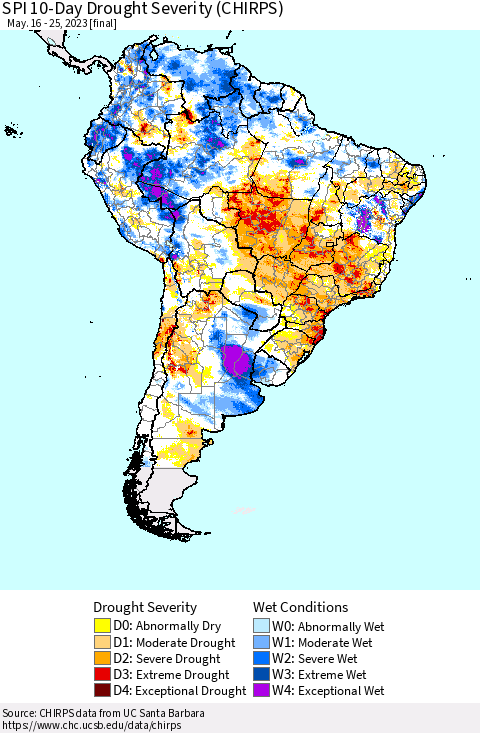 South America SPI 10-Day Drought Severity (CHIRPS) Thematic Map For 5/16/2023 - 5/25/2023