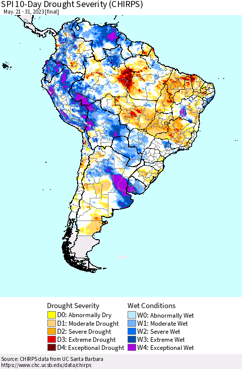 South America SPI 10-Day Drought Severity (CHIRPS) Thematic Map For 5/21/2023 - 5/31/2023