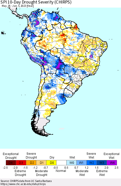 South America SPI 10-Day Drought Severity (CHIRPS) Thematic Map For 5/26/2023 - 6/5/2023