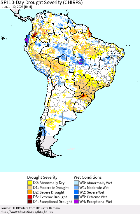 South America SPI 10-Day Drought Severity (CHIRPS) Thematic Map For 6/1/2023 - 6/10/2023