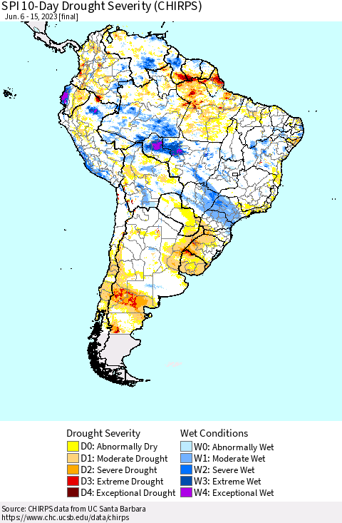 South America SPI 10-Day Drought Severity (CHIRPS) Thematic Map For 6/6/2023 - 6/15/2023