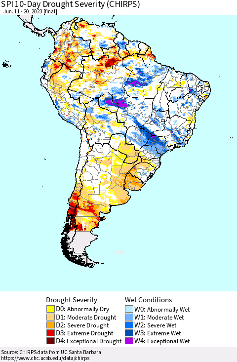 South America SPI 10-Day Drought Severity (CHIRPS) Thematic Map For 6/11/2023 - 6/20/2023