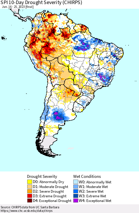 South America SPI 10-Day Drought Severity (CHIRPS) Thematic Map For 6/16/2023 - 6/25/2023