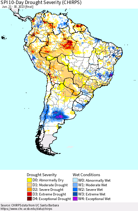 South America SPI 10-Day Drought Severity (CHIRPS) Thematic Map For 6/21/2023 - 6/30/2023