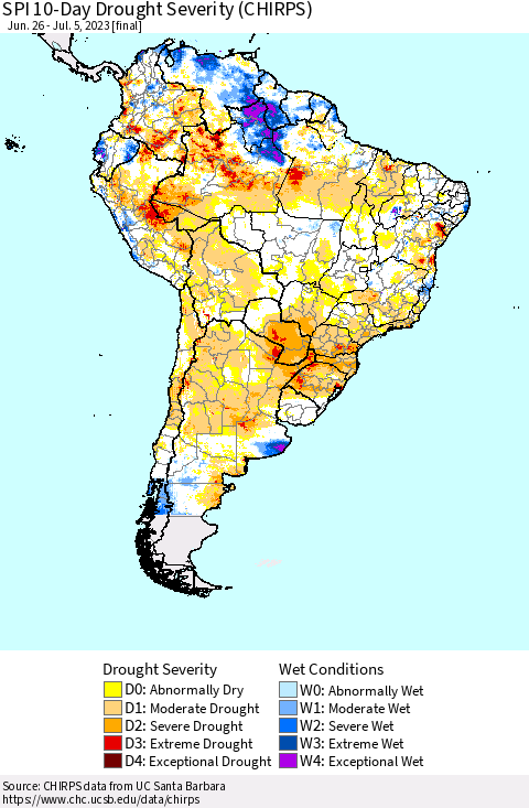 South America SPI 10-Day Drought Severity (CHIRPS) Thematic Map For 6/26/2023 - 7/5/2023