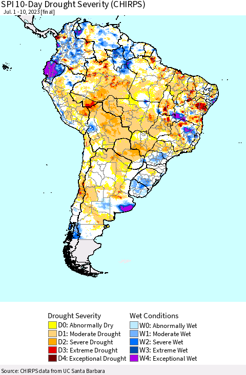 South America SPI 10-Day Drought Severity (CHIRPS) Thematic Map For 7/1/2023 - 7/10/2023