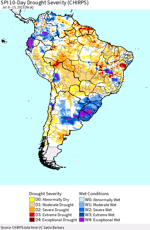 South America SPI 10-Day Drought Severity (CHIRPS) Thematic Map For 7/6/2023 - 7/15/2023