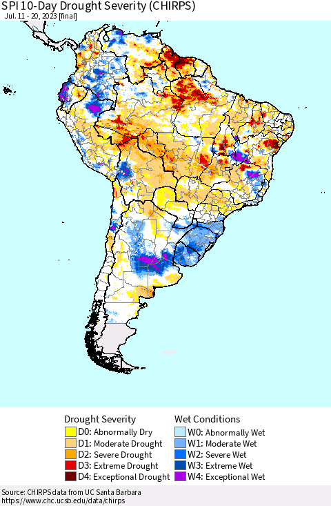 South America SPI 10-Day Drought Severity (CHIRPS) Thematic Map For 7/11/2023 - 7/20/2023