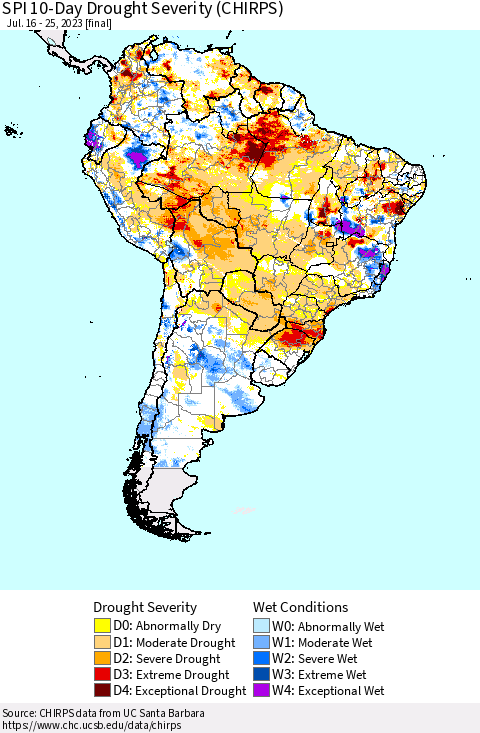 South America SPI 10-Day Drought Severity (CHIRPS) Thematic Map For 7/16/2023 - 7/25/2023