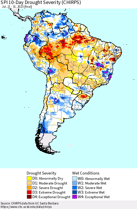 South America SPI 10-Day Drought Severity (CHIRPS) Thematic Map For 7/21/2023 - 7/31/2023