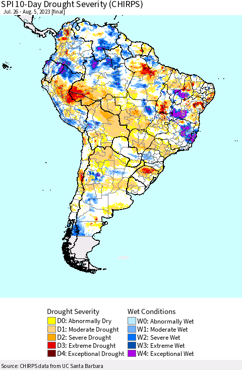 South America SPI 10-Day Drought Severity (CHIRPS) Thematic Map For 7/26/2023 - 8/5/2023