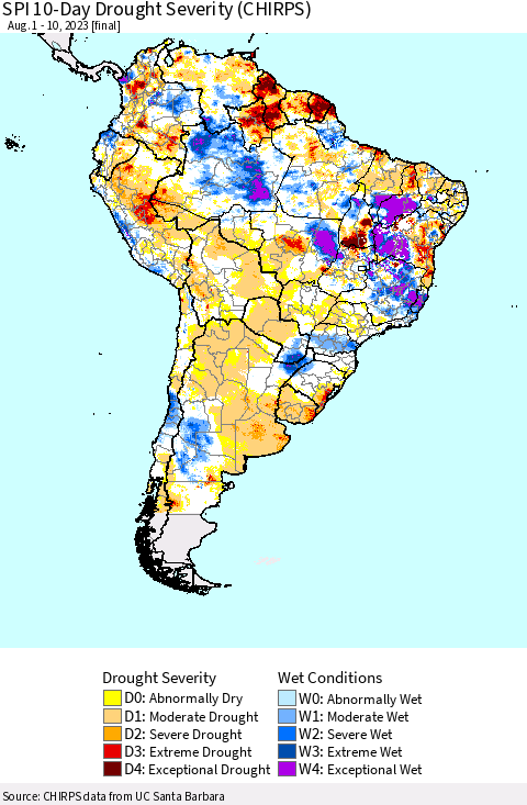 South America SPI 10-Day Drought Severity (CHIRPS) Thematic Map For 8/1/2023 - 8/10/2023