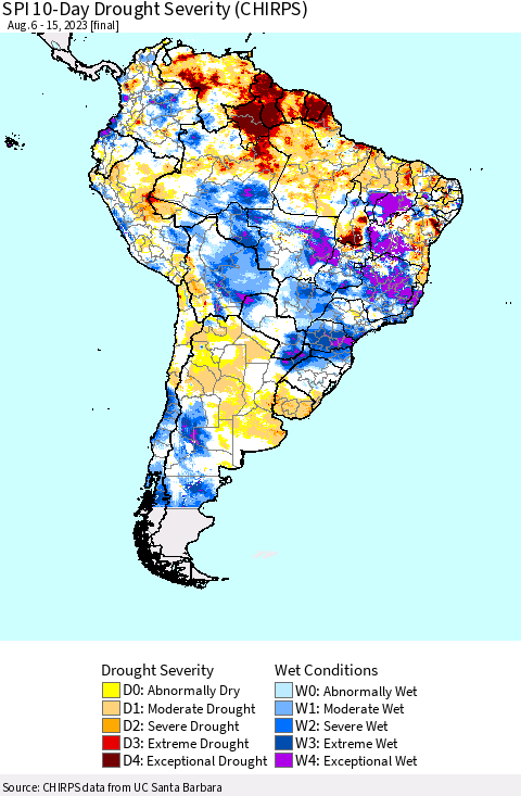 South America SPI 10-Day Drought Severity (CHIRPS) Thematic Map For 8/6/2023 - 8/15/2023