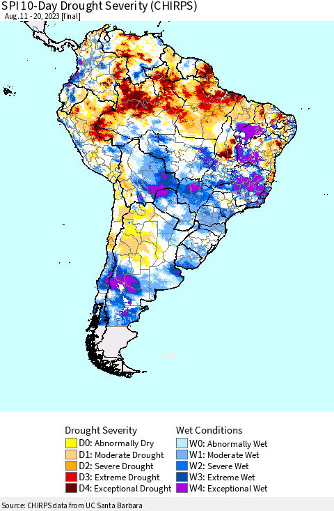 South America SPI 10-Day Drought Severity (CHIRPS) Thematic Map For 8/11/2023 - 8/20/2023