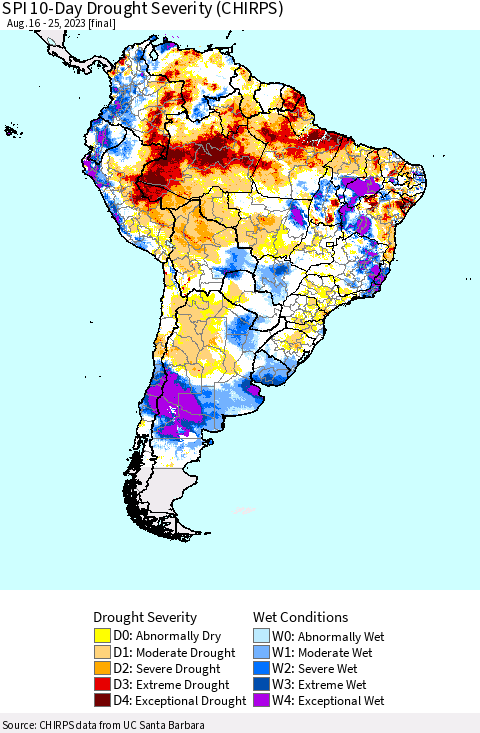 South America SPI 10-Day Drought Severity (CHIRPS) Thematic Map For 8/16/2023 - 8/25/2023