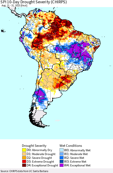 South America SPI 10-Day Drought Severity (CHIRPS) Thematic Map For 8/21/2023 - 8/31/2023